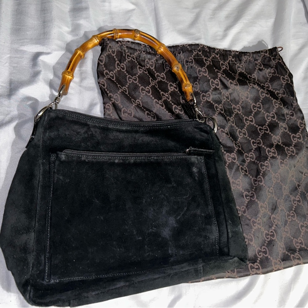 Gucci 000 8509 Bamboo Handle one shoulder bag black suede